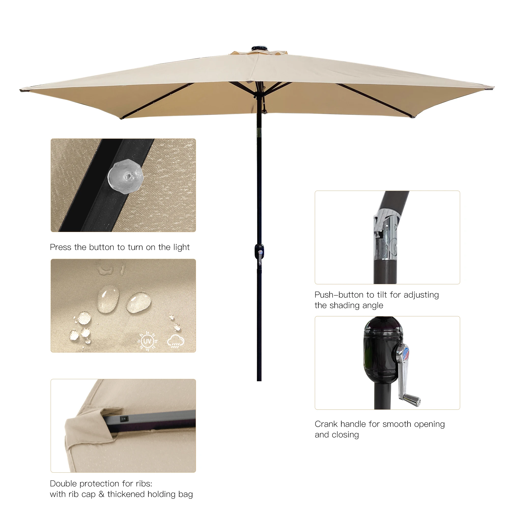 Guarda-chuva exterior da tabela do mercado retangular de 10 pés x 6.5 pés do pátio com inclinação da manivela e do botão do impulso