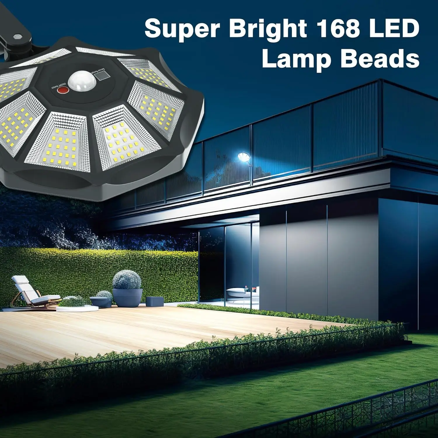 1 pacote de luzes solares ao ar livre 168led 6500k sensor movimento luz inundação do anoitecer ao amanhecer lâmpada rua solar para quintal jardim piscina garagem