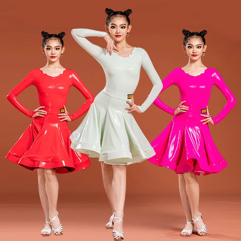 

Bright Leather Latin Dance Competition Clothing Girls Long Sleeves Dress Cha Cha Rumba Ballroom Dance Performance Costume V22879