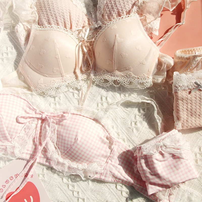 Pink Kawaii Bra Set Lolita Girl Dream Underwear Japanese Cotton Lace Sweet and Cute Tube Top Wire Free Bra and Panties Set