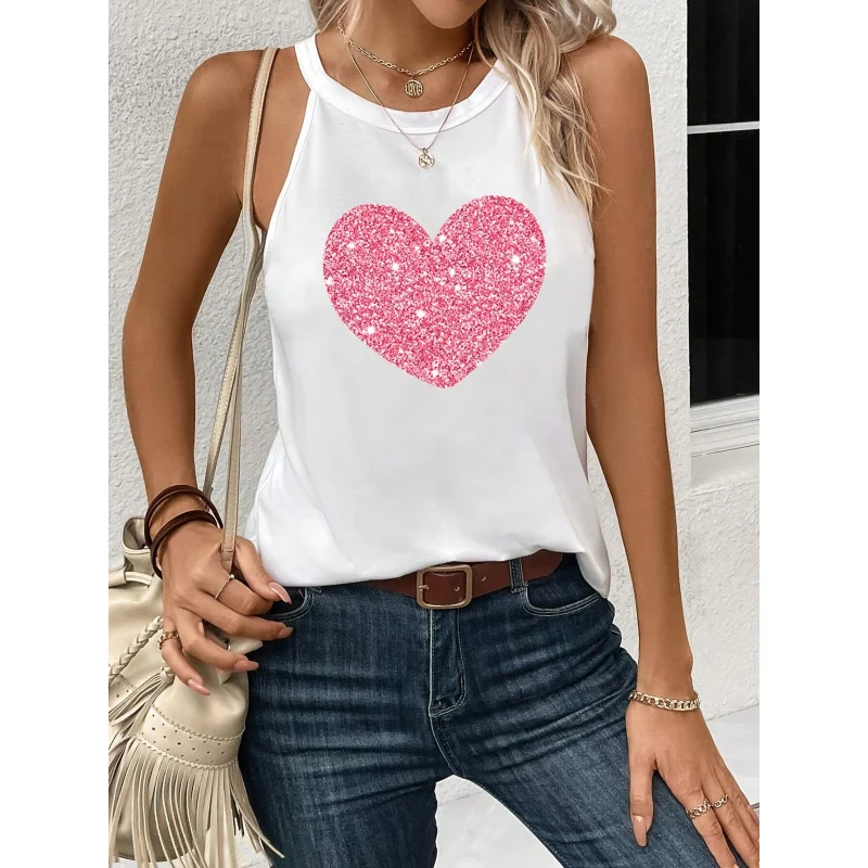 

Heart Print Crew Neck Cami Top - Casual Sleeveless Top Spring & Summer - Women's Clothing - Soft & Breathable