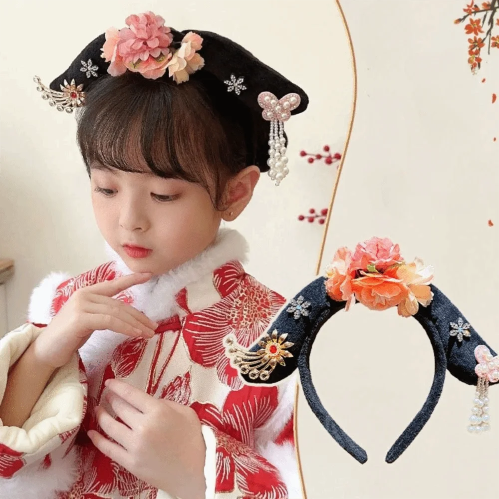 Diadema Hanfu de flores antiguas con borlas de perlas, tocado de estilo chino, lazo de corona, Aro para el pelo de estilo antiguo para mujer