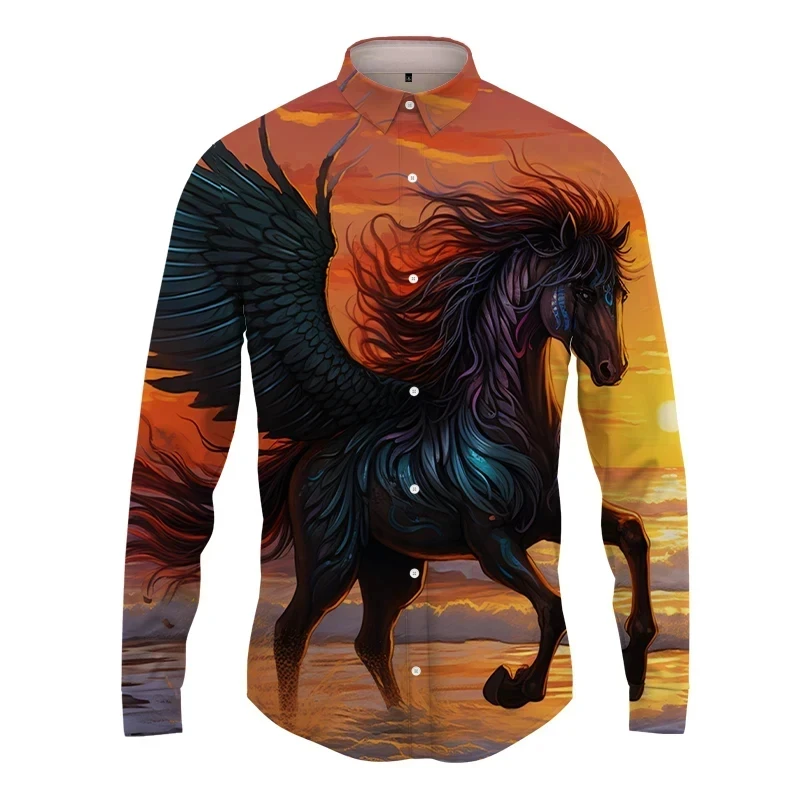 2024 New Fashion 3D Full Print Horse Graphic Shirts For Man Casual Long Sleeves Button Up Blouse Top Streetwear Mens Beach Shirt