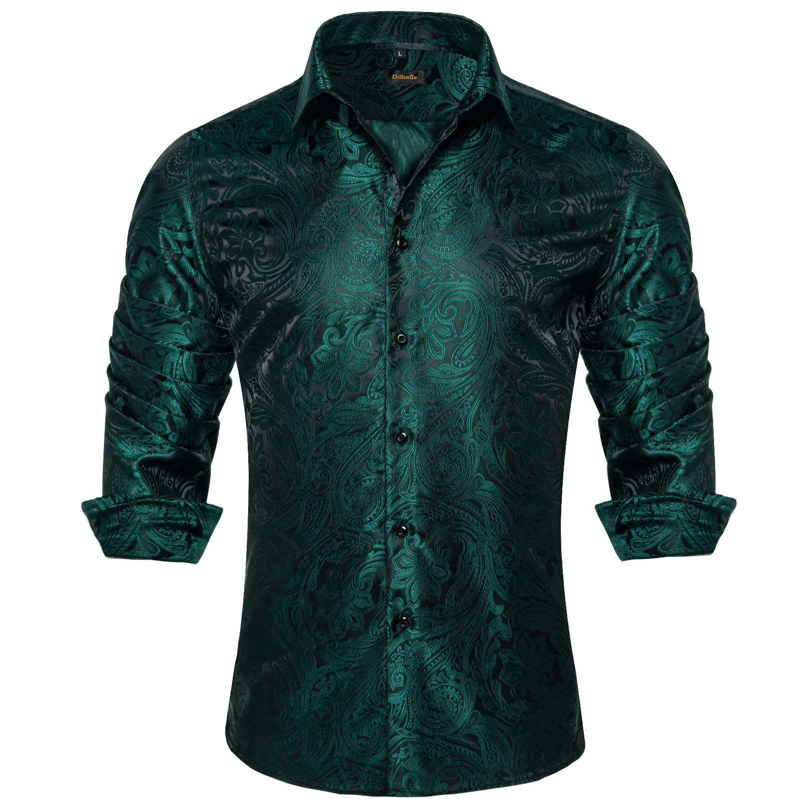 

Men Shirt Green Paisley Long Sleeve Silk Jacquard Wedding Solid Luxury Social Turn Down Collar Dress Shirts with Collar Pin