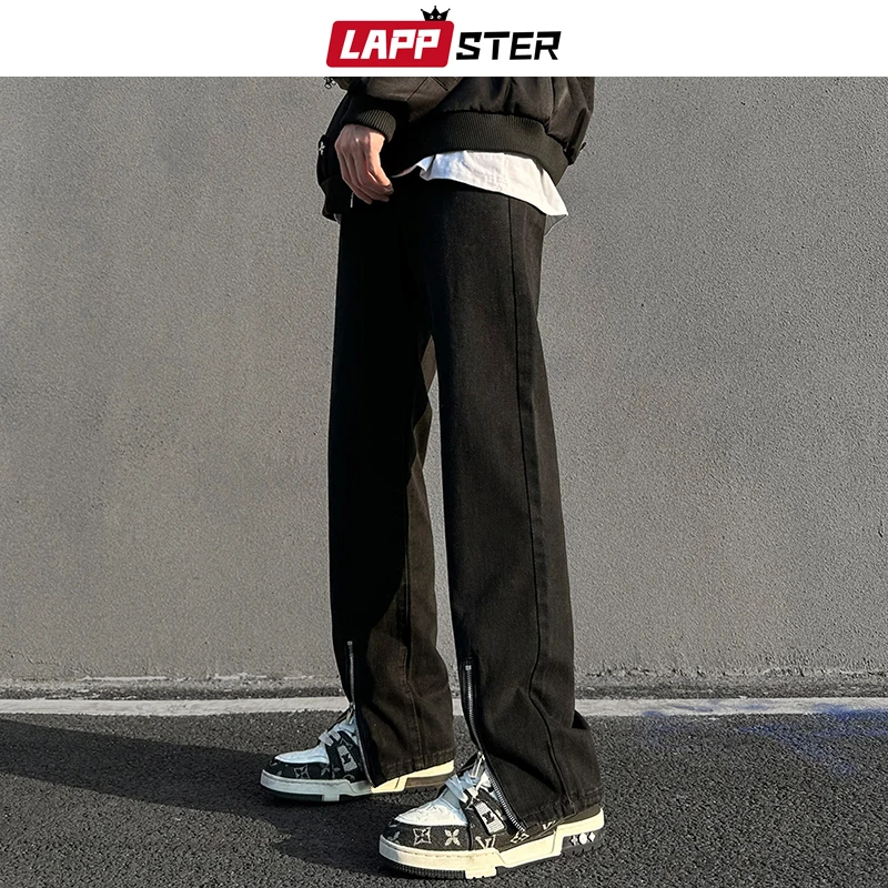

LAPPSTER Y2k Streetwear Bagyy Stacked Jeans Pants Men Zipper Black Low Rise Denim Pants Vintage Korean Fashions Japanese Jeans