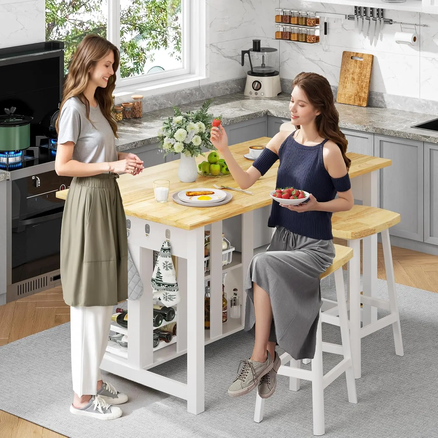 جزيرة مطبخ من الخشب المطاطي الصلب مقاس 47.3 بوصة مع منافذ - طراز المزرعة، سطح عمل كبير، درجين ورفوف مفتوحة