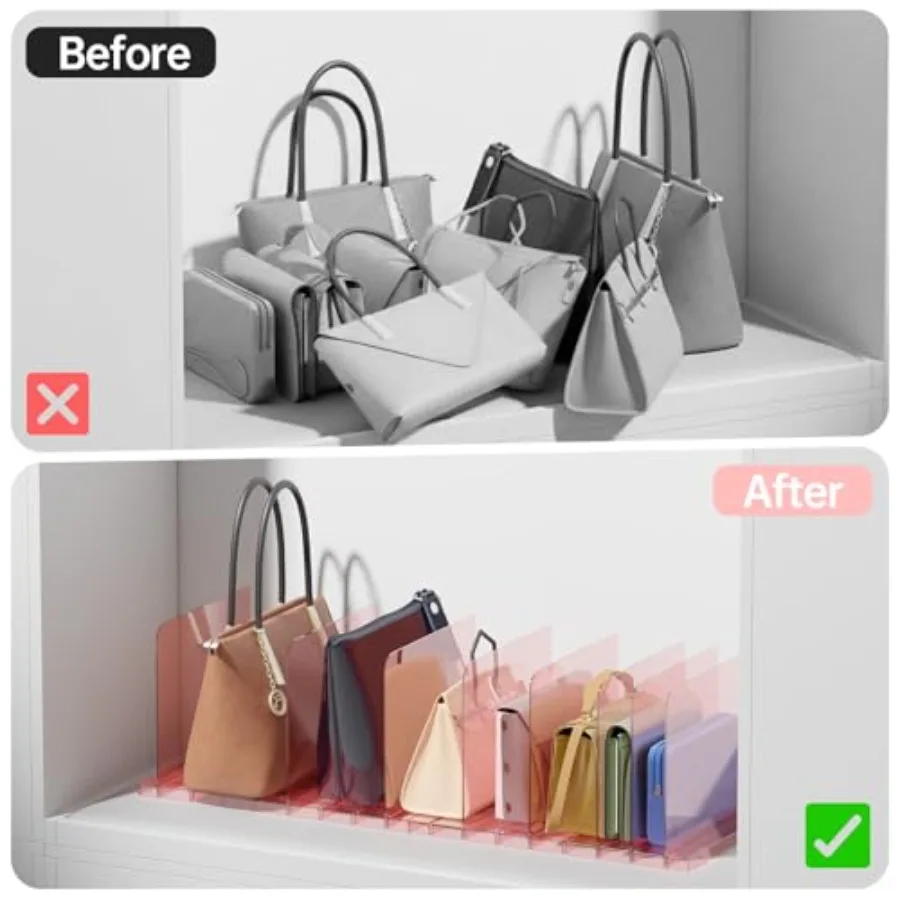 PAVSTINE 2 Pack Purse Organizer for Closet, Stackable Storage Shelf, Pink Adjustable Clear Shelf Dividers, Keep Clutch, Bag, Po view 5