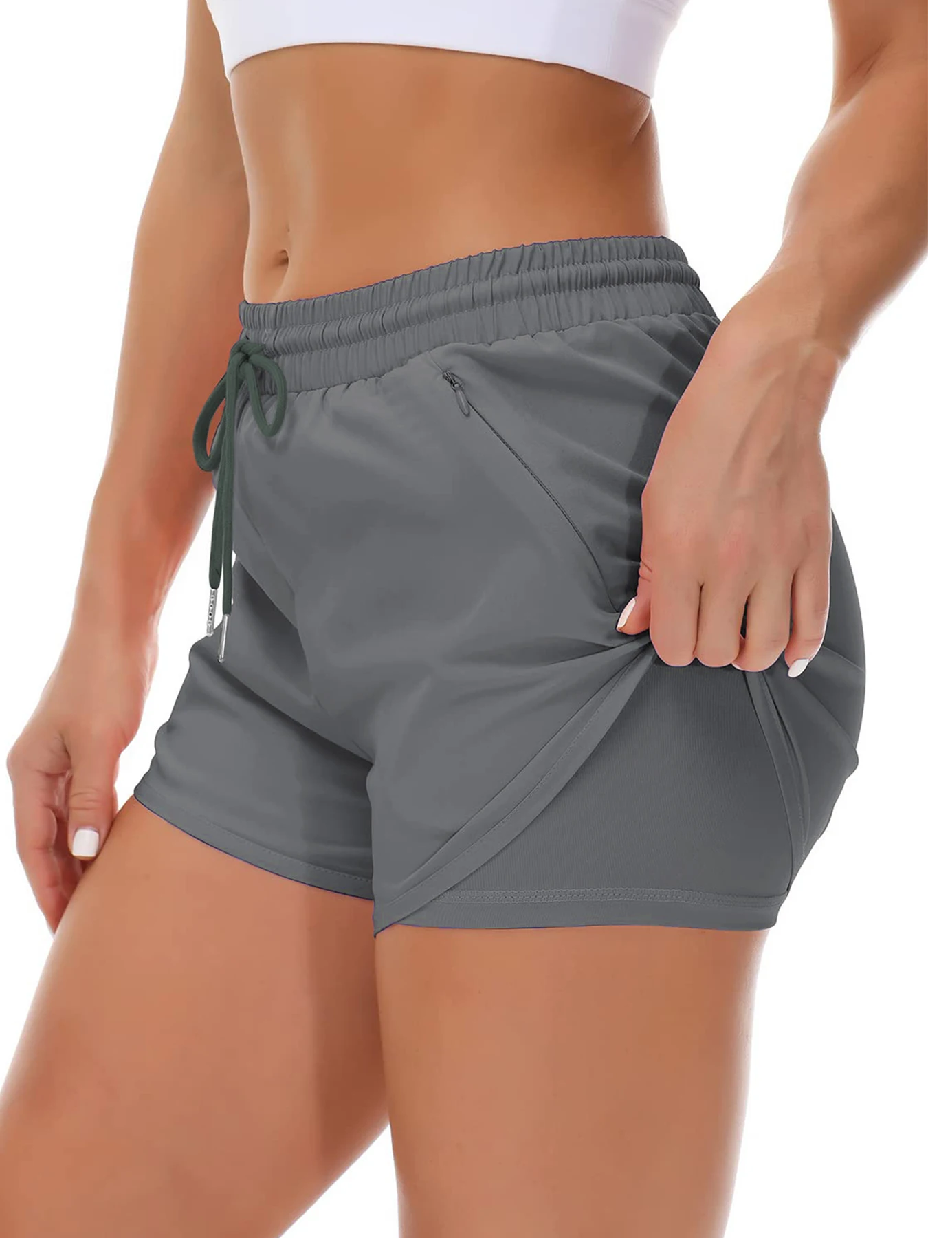 Sportshorts für Damen, zum Laufen, für Yoga, zweiteiliges Design, Shorts mit Anti-Exposition-Funktion, für Fitness, elastisch, figurformende Leggings. – Detail 18