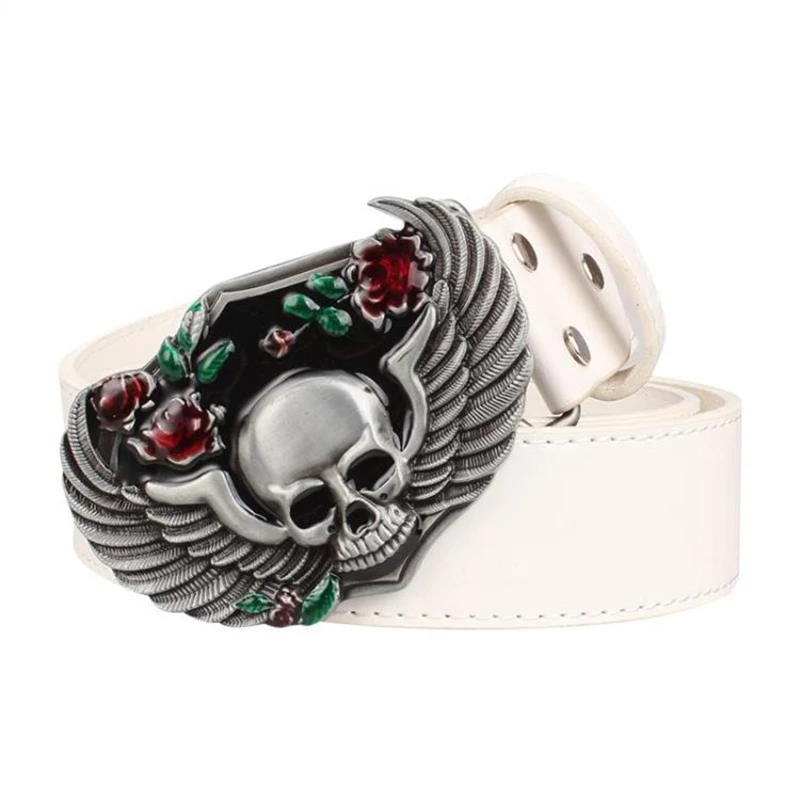 Cinturón de cuero con hebilla de Metal para mujer, cinturilla decorativa con diseño de calavera rosa, cabeza de esqueleto de Metal pesado, estilo Rock