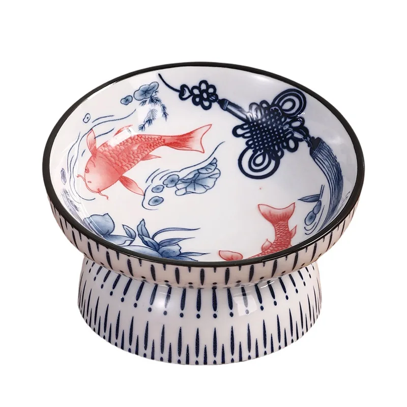 Cute Tilted Elevated Ceramic Pet Bowl Chinese Blue White Fish Pattern Raised Cat Dog Feeding Bowl Anti Vomiting Food Water Dish view 5