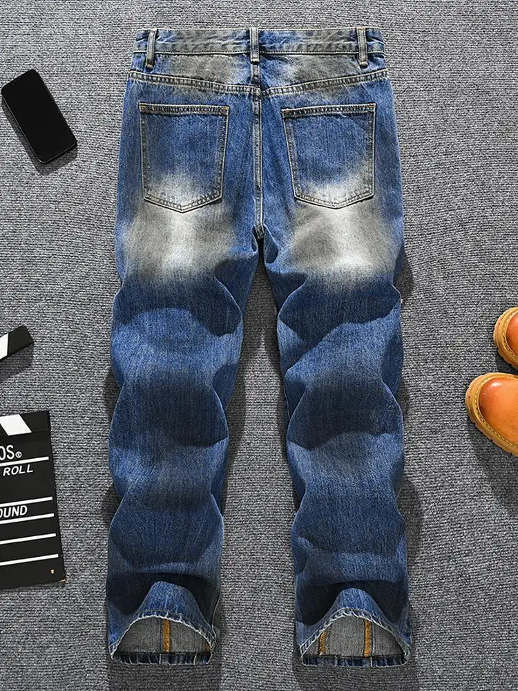 Fashionable design spliced fringed combination jeans for men, retro distressed, loose straight leg high-end denim pants
