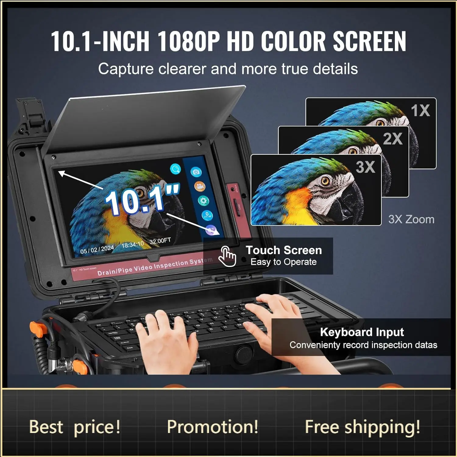 

VEVOR Sewer Camera, 165 ft/50m, Self-Leveling Drain Camera with 10.1" Touchscreen, 512Hz Transmitter & Distance Counter, IP67 Sn