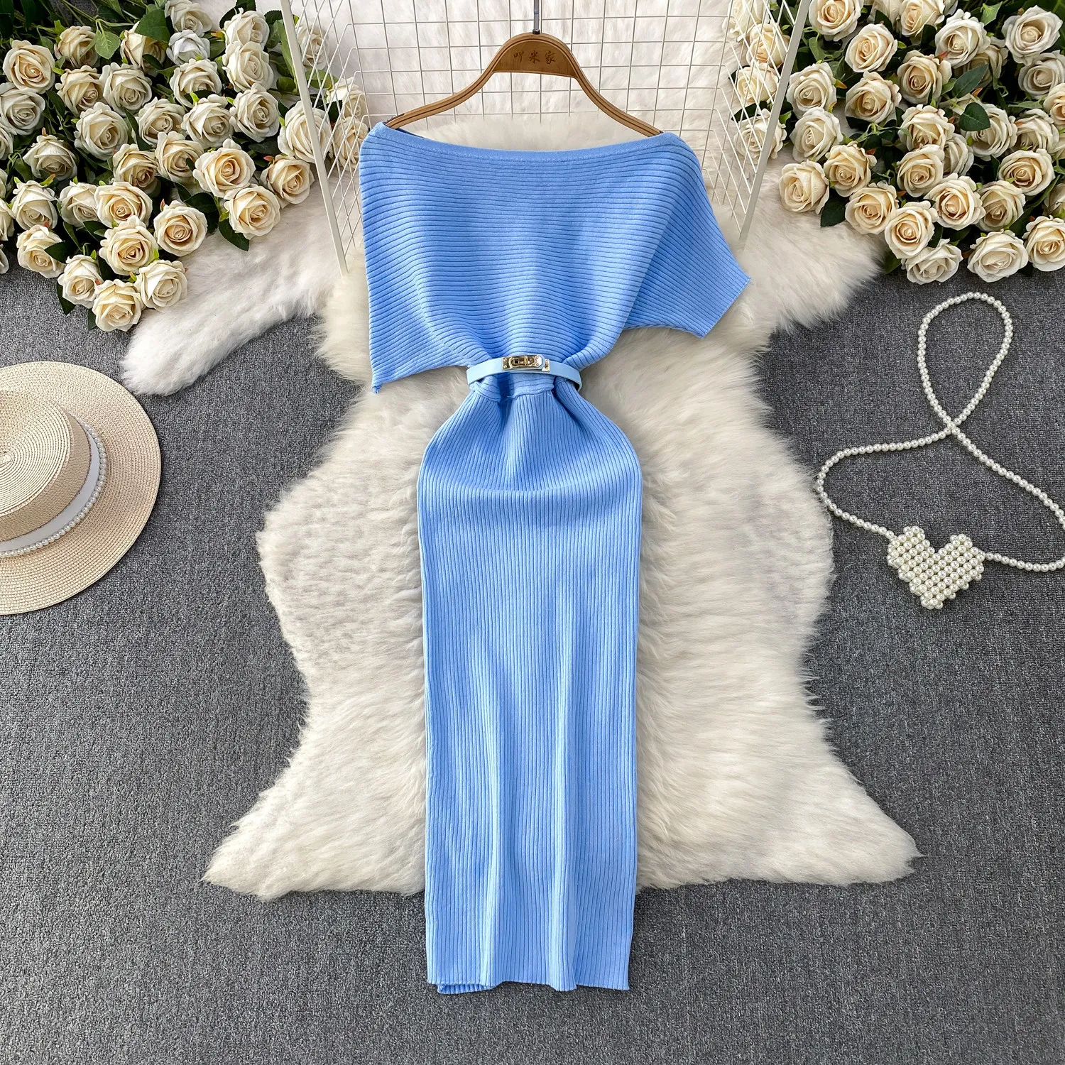 Sommer Damen Schulterfrei Asymmetrisches Fledermausärmel Strickkleid Hohe Taille Bodycon Einfarbiges Schlitz-Kleid Outfit