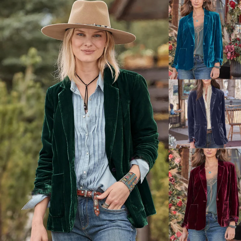 Women's Velvet Short Jacket 2024 New Style Small Western Suit Outerwear Slim Fit Long Sleeve Pure Color Chinese Production
