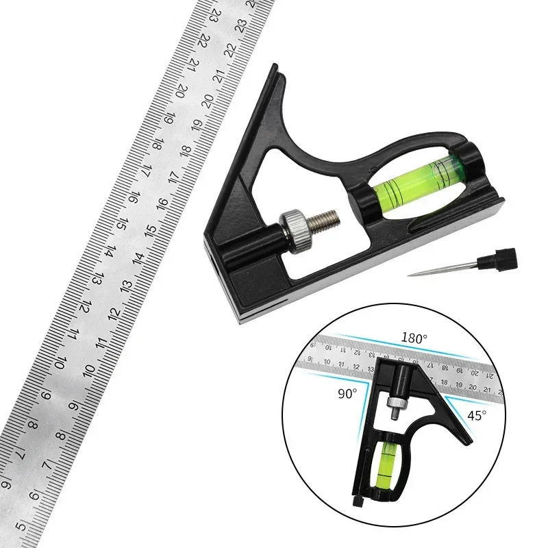 

Square Ruler Set Kit 300mm (12") Adjustable Engineers Combination Try None Right Angle Ruler with Spirit Level and Scriber