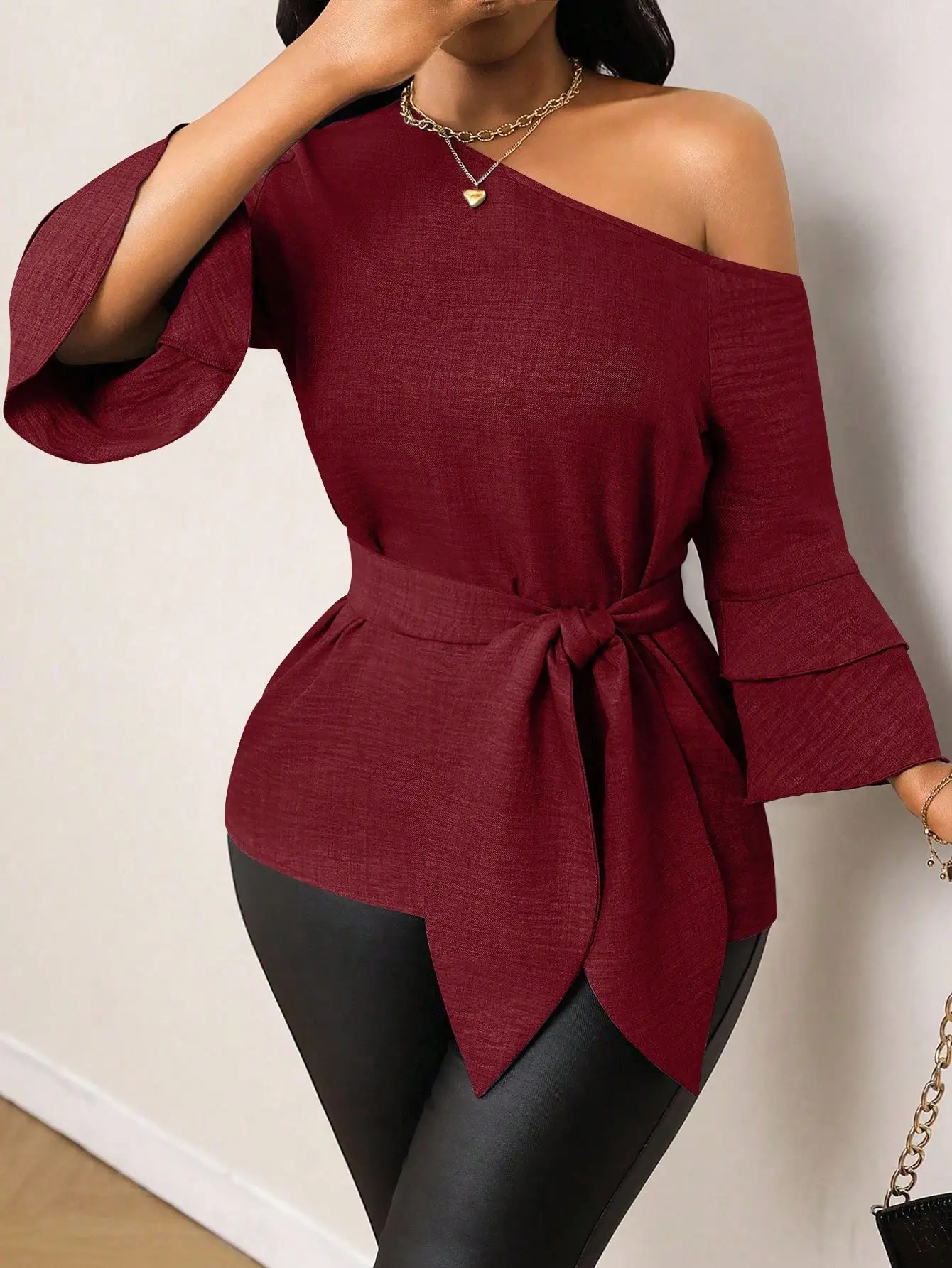

Off Shoulder Ruffle Sleeve Tie Front Blouse