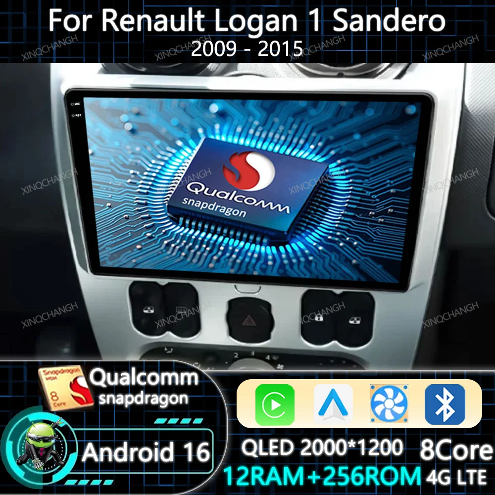 Android 16 Car Radio Carplay Auto For Renault Logan 1 Sandero 2009 - 2015 Multimedia Video Player Head Unit 4G LTE 5G WIFI GPS