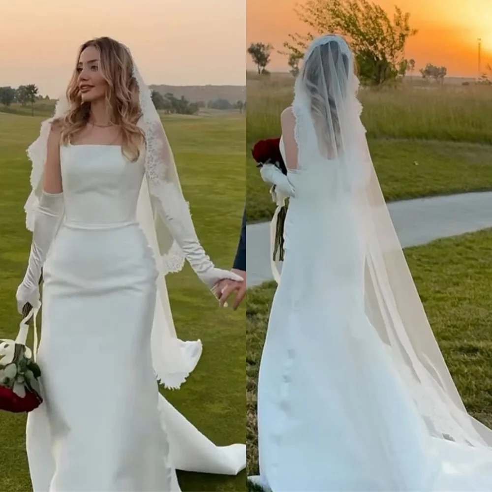 맞춤 제작된 고급스러운 화이트 새틴 웨딩드레스, 우아한 스퀘어 넥, 탈부착 가능한 긴 소매, 머메이드 스타일