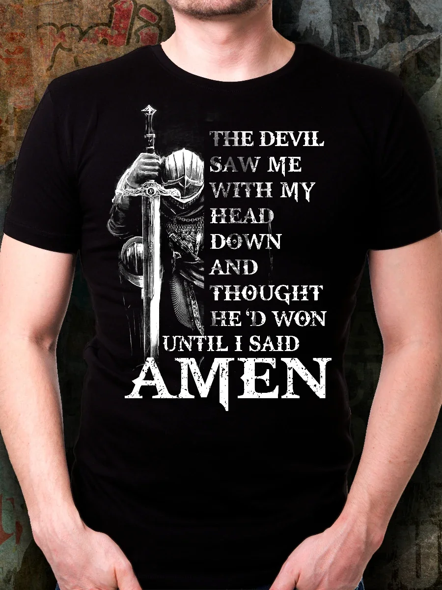 رأى الشيطان لي رأسي أسفل، آمين. فرسان الهيكل الصليبي تي شيرت. جديد 100٪ قطن قصير الأكمام س الرقبة تي شيرت عارضة الرجال الأعلى
