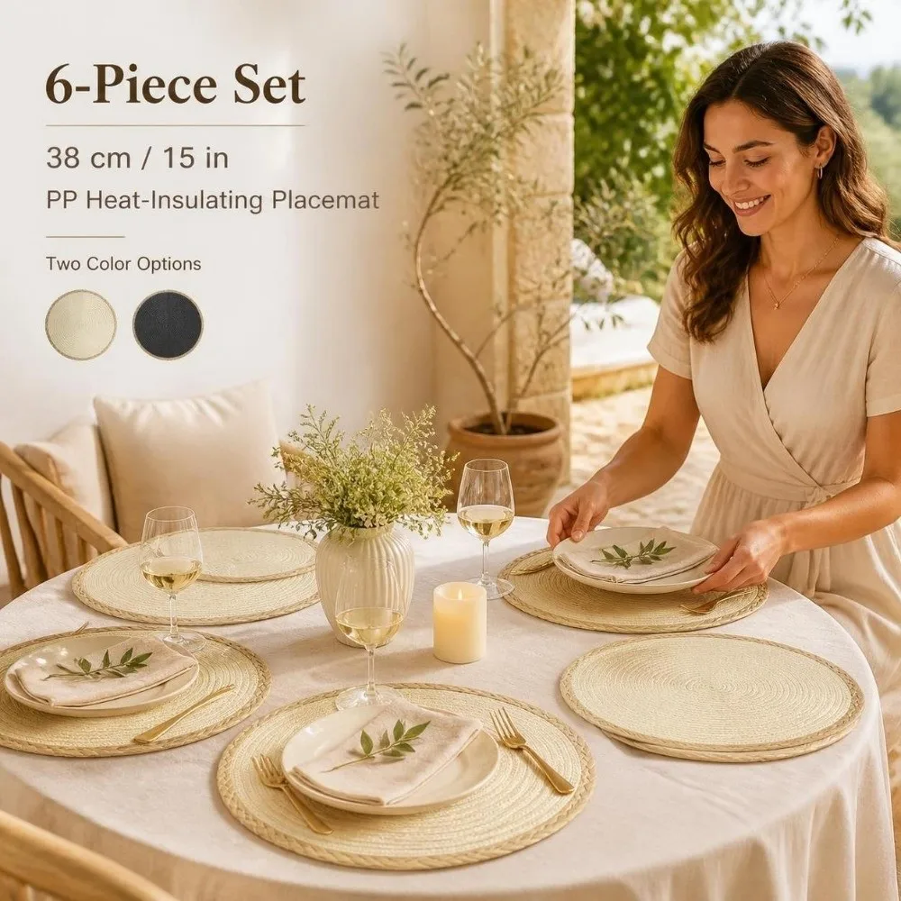 6pcs/set Bohemia Round Woven Placemats 15in Heat Resistant Boho Braided Table Mats Non Slip Washable Woven Dish Mats