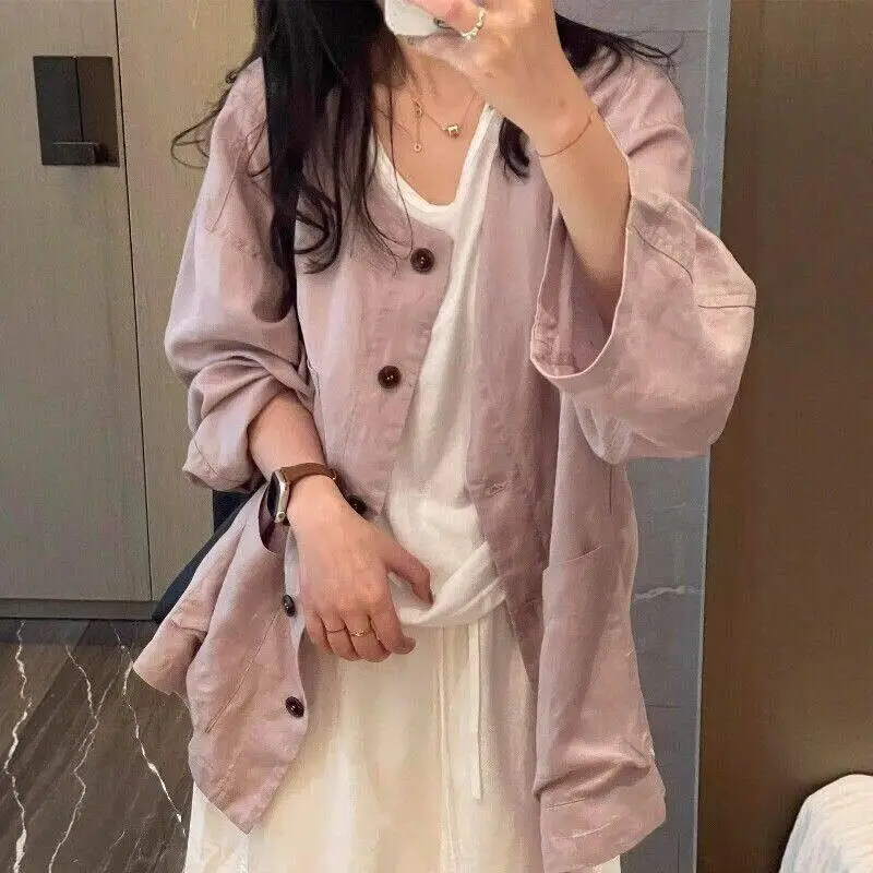 

Summer Large Size Men's Shirt Long Sleeve Lazy Style Pink Loose Fit Sun Protection Outerwear Polyester Casual Loose Shirt