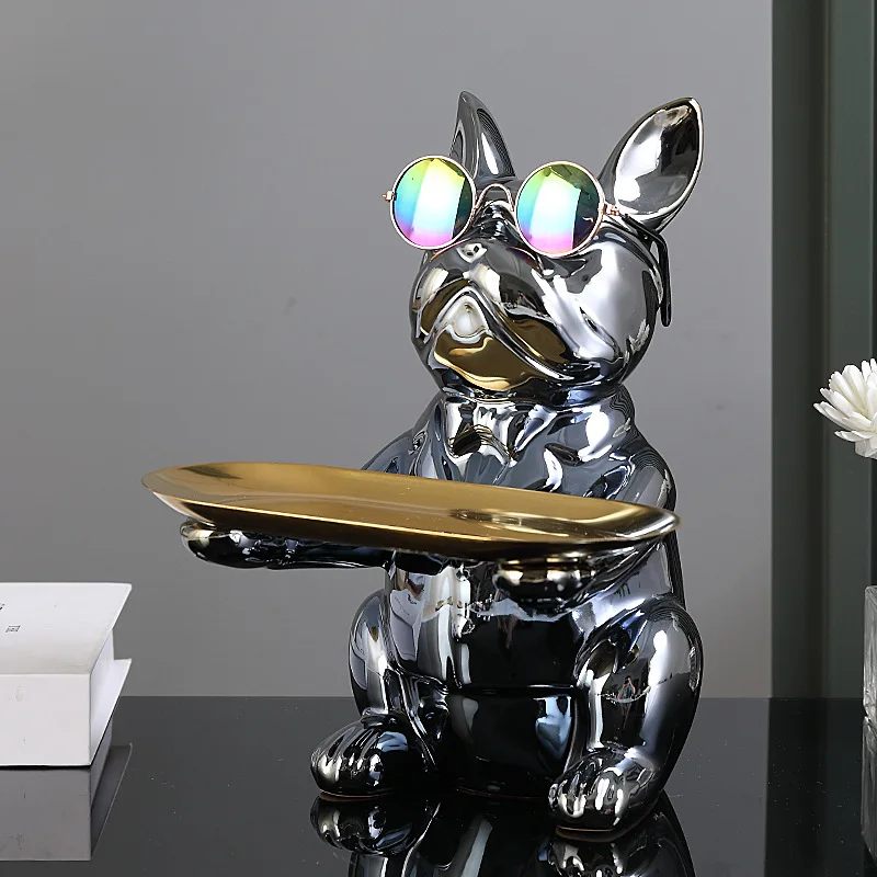 Nordic French Bulldog Butler Decor with Tray, Big Mouth Dog Statue, Storage Box, Animal Sculpture, Figurine, Home Decor Gift