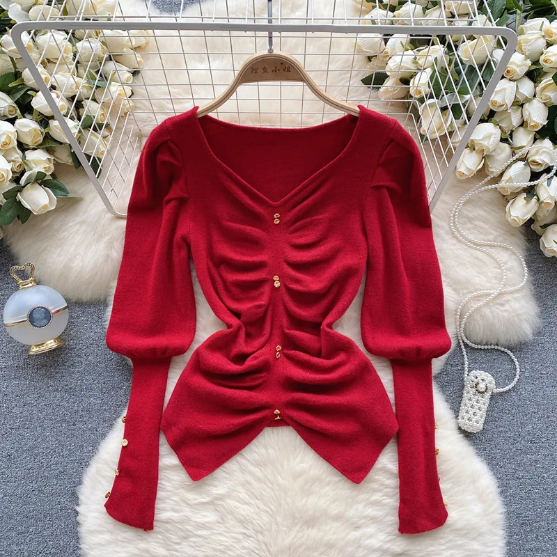 

High quality knit sweater for women autumn pleated V-neck design pullover sweater top