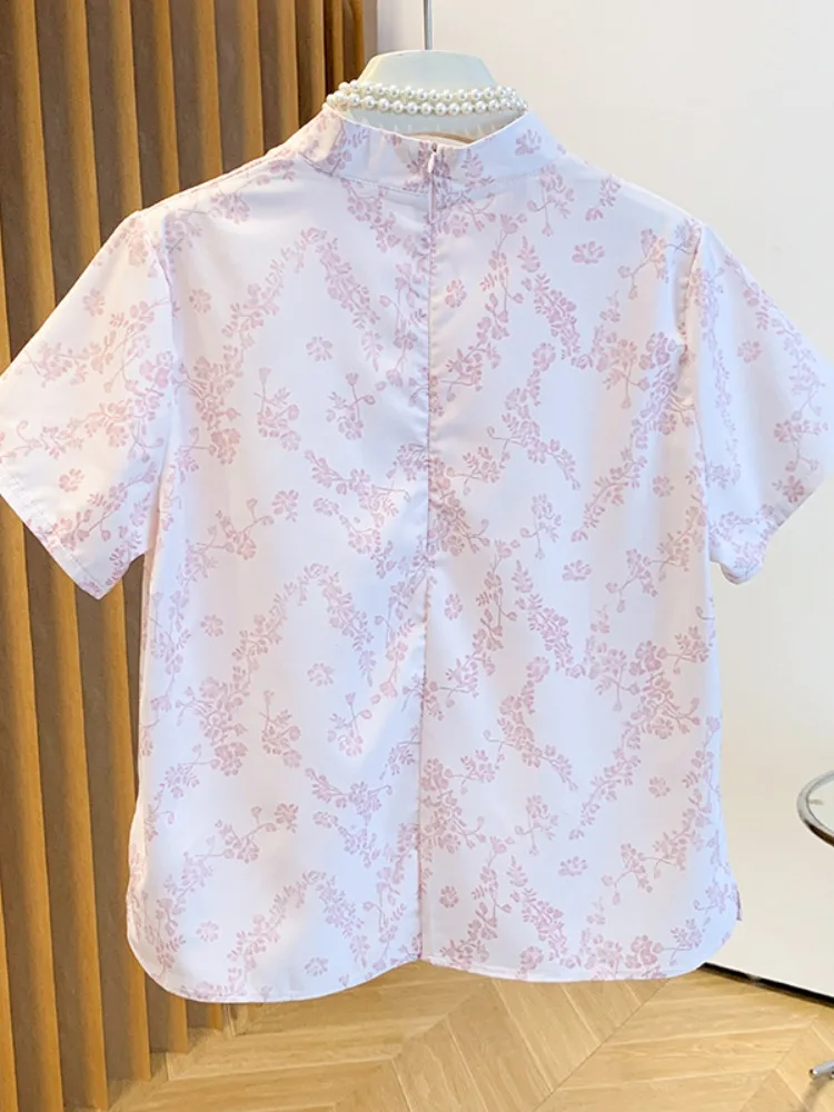 Haut brodé rétro rose à col montant, style national, pour femme, été, nouvelle collection, style chinois moderne