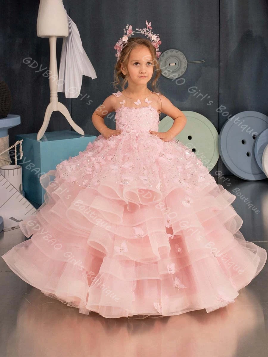 فستان فتاة الزهور الوردي مع فراشة ثلاثية الأبعاد للأطفال من التل المتدرج والترتر والدانتيل فستان الأميرة لحفلات أعياد الميلاد مخصص