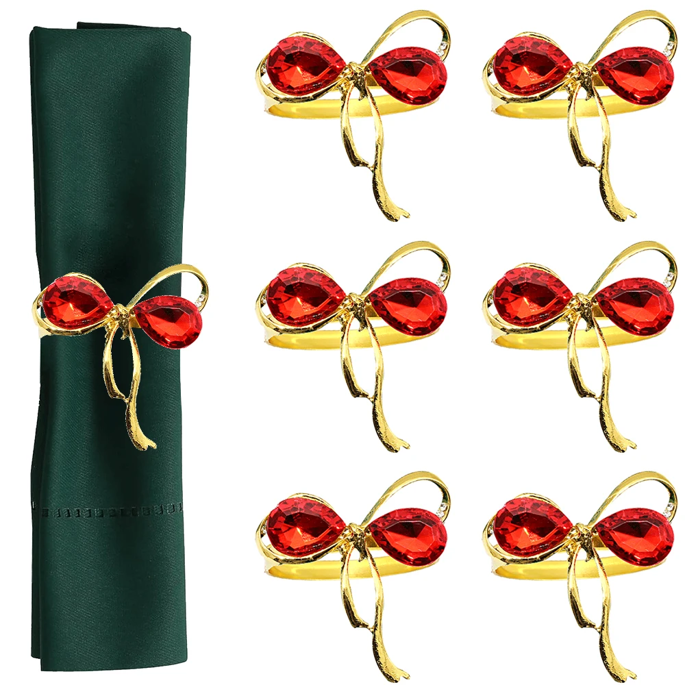 

6Pcs Red Rhinestone Bow Napkin Rings Gold Bow Napkin Holder Metal Serviette Buckles for Christmas Wedding Party Table Decoration