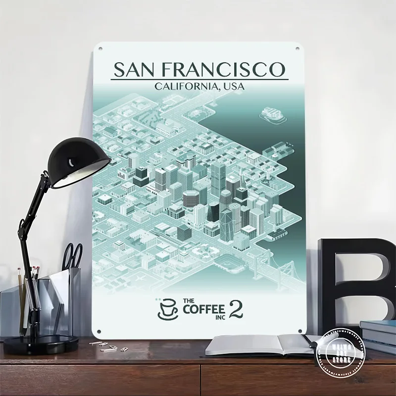 San Francisco Cityscape 3D Texture Printed Poster Custom Vintage Metal Tin Plate Sign for Wall Art Bedroom Decorations Wand Deko