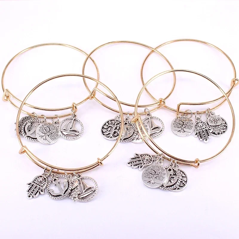 5pcs Bangle Set 4 Color Bracelets for Women Girls Jewelry Life Tree Hand Anchor Owl Charms Bangles Cuff Jewlery C048