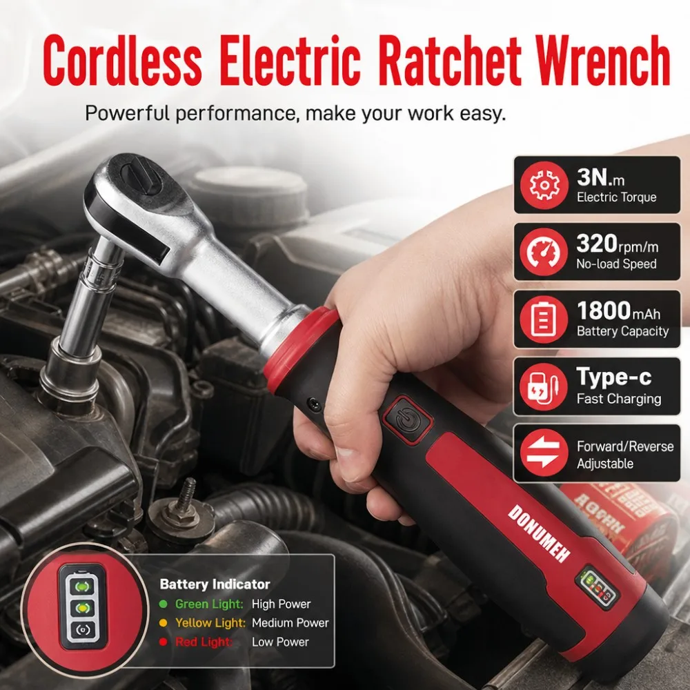 3/8 Electric Ratchet Wrench 3N.m 320RPM 1800mAh USB-C Rechargeable Cordless Tool With Reverse Switch For Car Home DIY Repair Use