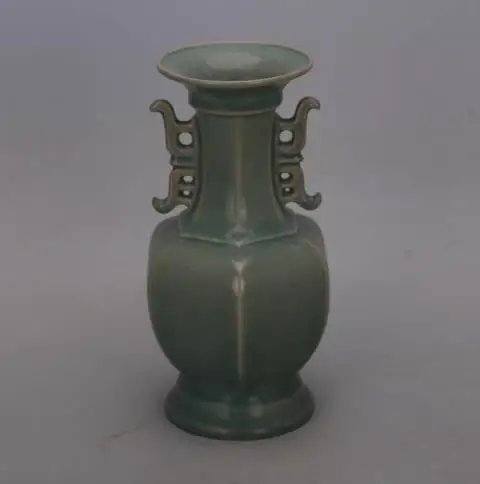 

Antique decorative ornament: Celadon-glazed six-sided double-ear porcelain vase from Ruyao Kiln in the Song Dynasty
