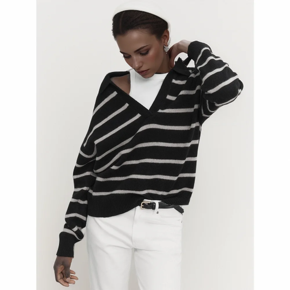 Cos Lris2024 women\'s autumn/Winter temperament casual lazy style V-neck striped loose sweater 05692550800