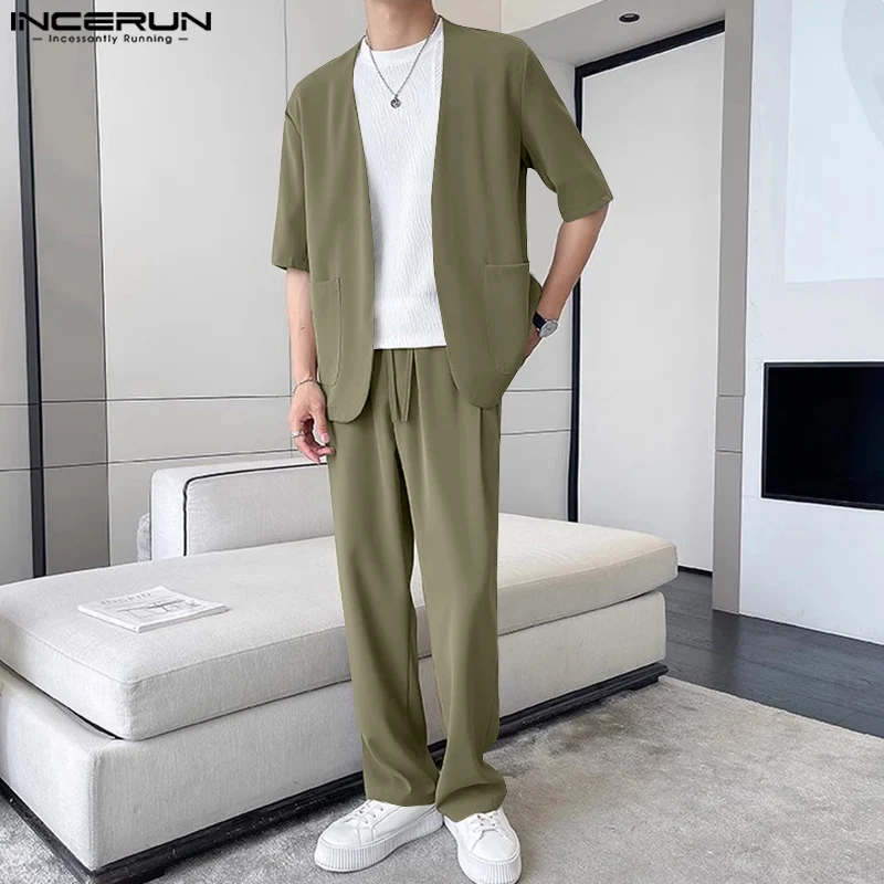 INCERUN 2024 Korean Style Fashion Sets New Men Solid Collarless Short Sleeved Suits Pants Casual Streetwear Two-piece Sets S-5XL