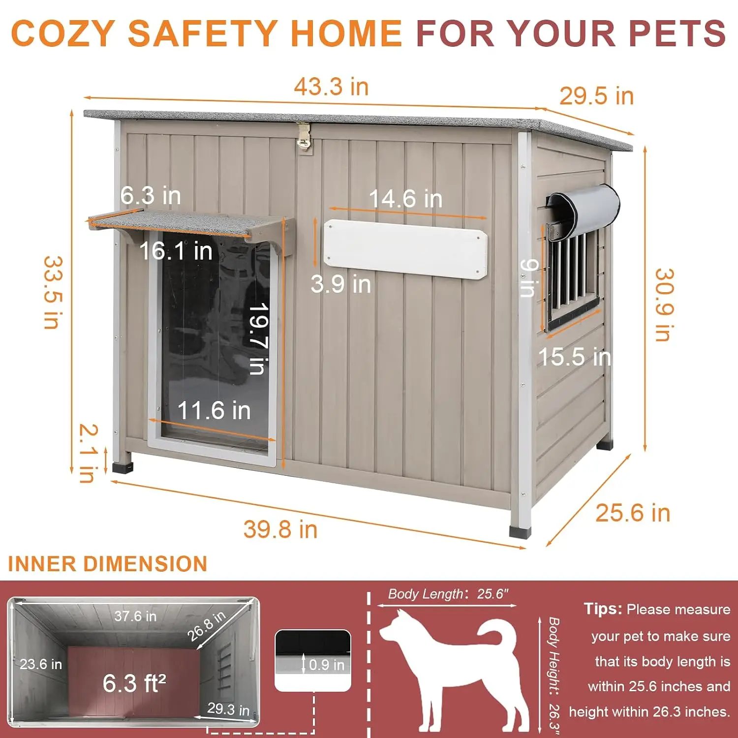 Weatherproof Wooden Dog House with Iron Frame & Elevated Floor, Kennel for Small Medium Large Dogs, 40
