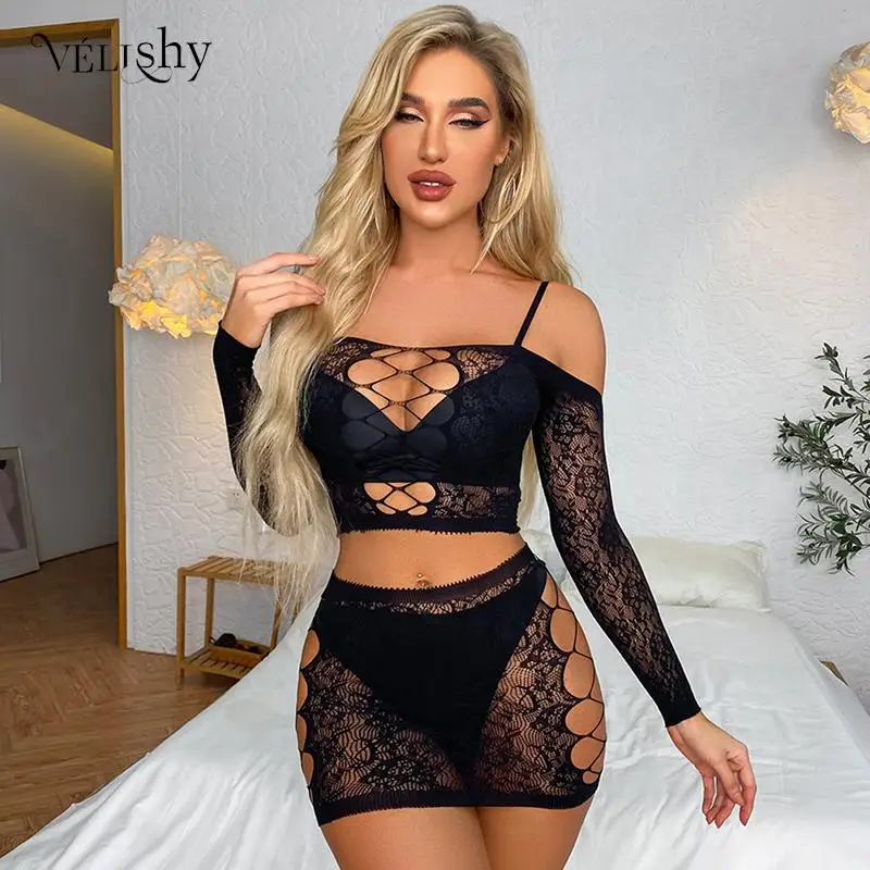 Women Sexy Underwear Hollow Out Tank Top Skirt Sets Hot Strap Nightwear Uniforms Temptation Nightdress Black Sex Exotic Costume