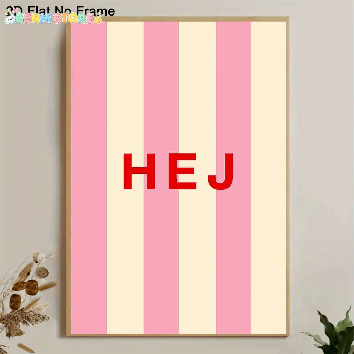 2027,2D Flat 1pc Frameless Canvas Poster, Pink and Beige Striped Background with Red HEJ Text, Scandinavian Greetings Art, Wa