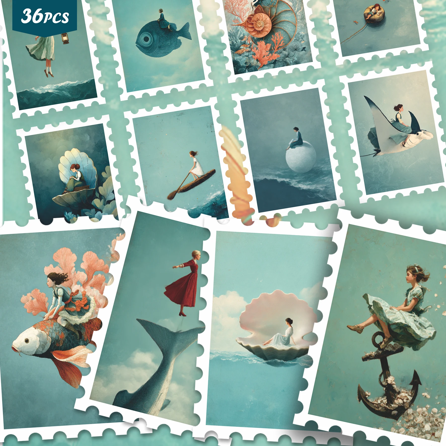 36PCS Vintage Oceanic Fantasy Stickers, Retro Mermaid & Dreamy Aesthetic Cutout Sticker Set for Journals, Scrapbook, Planner & C