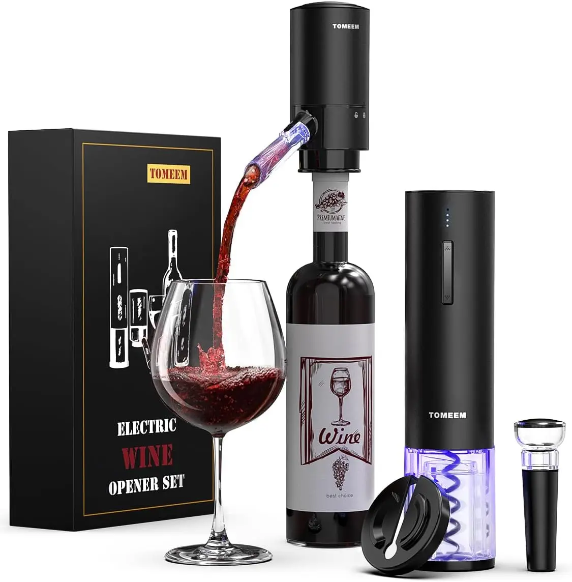 

Rechargeable Electric Wine Set with Aerator, Vacuum Stoppers, Foil Cutter and Bottle Opener for Home and Parties