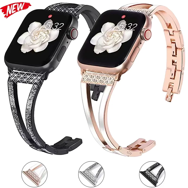 

Металлический + бриллиантовый браслет для Apple Watch Ultra 3/2 49 мм 11 10 9 8 7 6 5 SE3 Женский ремешок iWatch 46 мм 42 мм 45 мм 41 мм 44 мм 40 мм