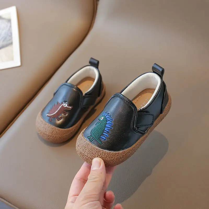 Dinosaur Embroidery Children Casual Shoes PU Leather Baby Boys Girls Flats Shoes Hook Loop Soft Sole Toddler Kids Walk Shoes