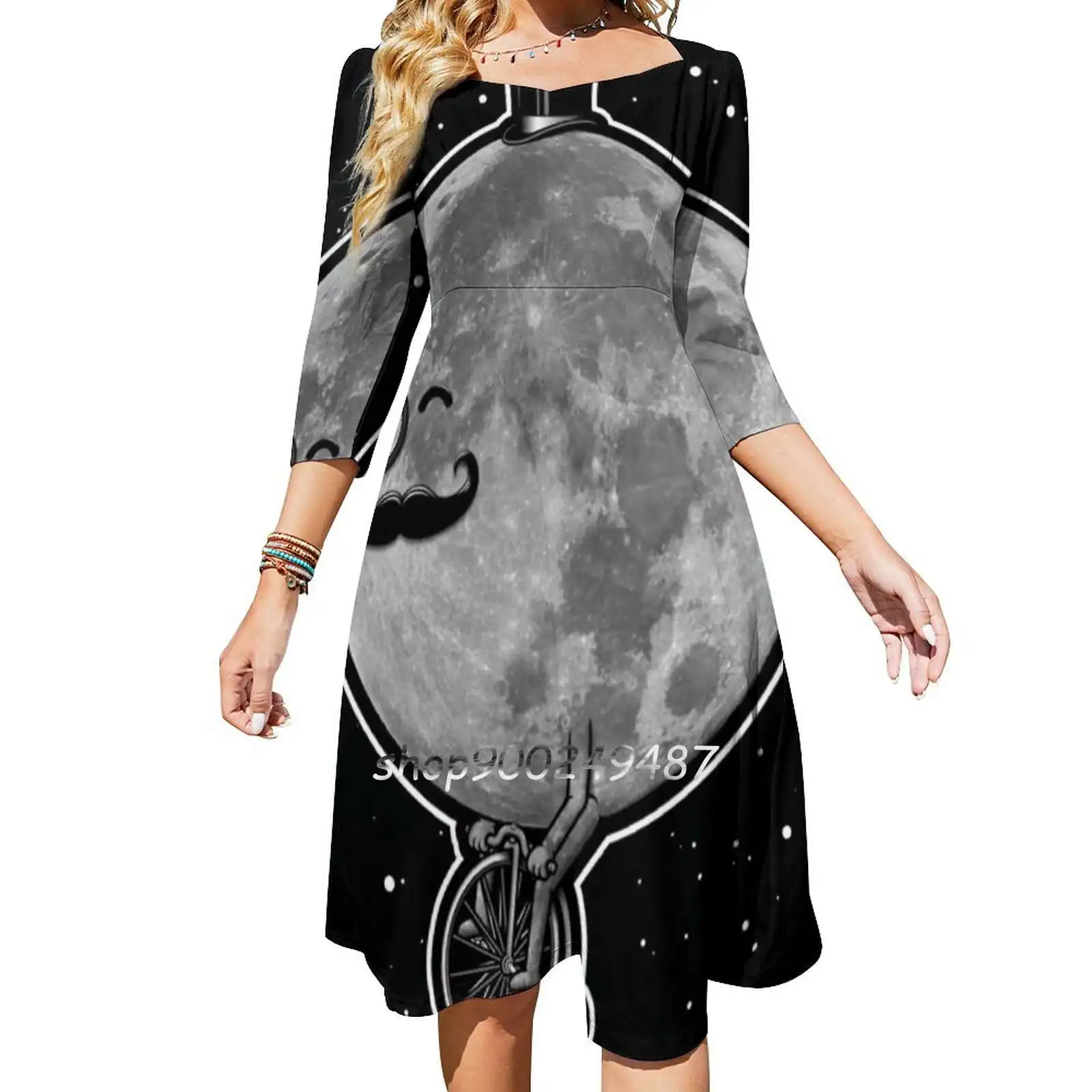 Lunar Cycle Sweet Elegant Dress Women Korean Kawaii Square Collar Dress Moon Lunar Full Sky Night Star Stars Bike Bicycle Cycle