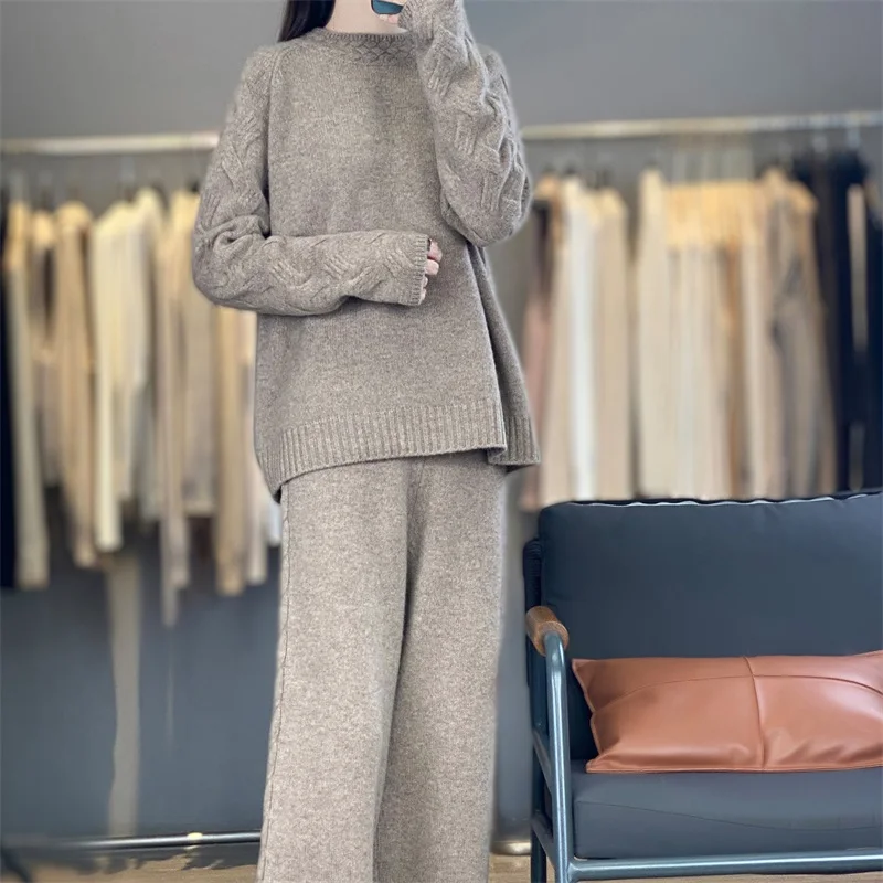 Autumn Winter O-Neck Long Sleeve Long Pants Thick Set Women's 100% Merino Wool Casual Minimalist Sweater Set Warm Soft Knitwear