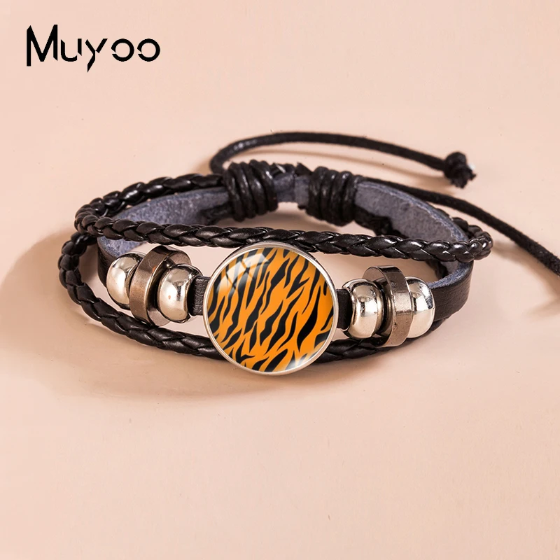 2023 New Arrival Fashion Colorful Animals Skin Leopard Print Patterns Glass Dome Jewelry Handmade Black Leather Bracelets