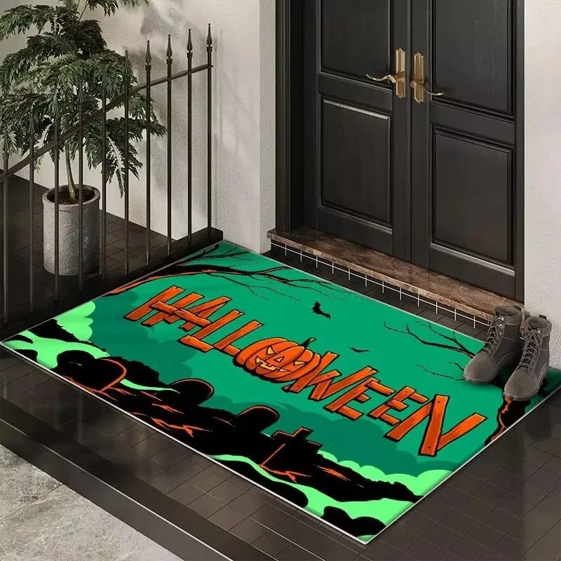Halloween Themed Door Mat With Spooky Patterns Like Pumpkins Bats Black Cats Witches Non Slip Durable Entrance Rug