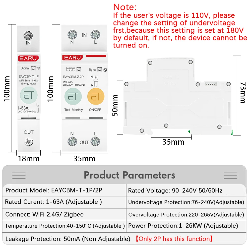 1P 2P TUYA APP Zigbee WIFI Smart Energy Power Consumption kWh Meter Circuit Breaker Time Relay Switch Leakage Voltage Protection