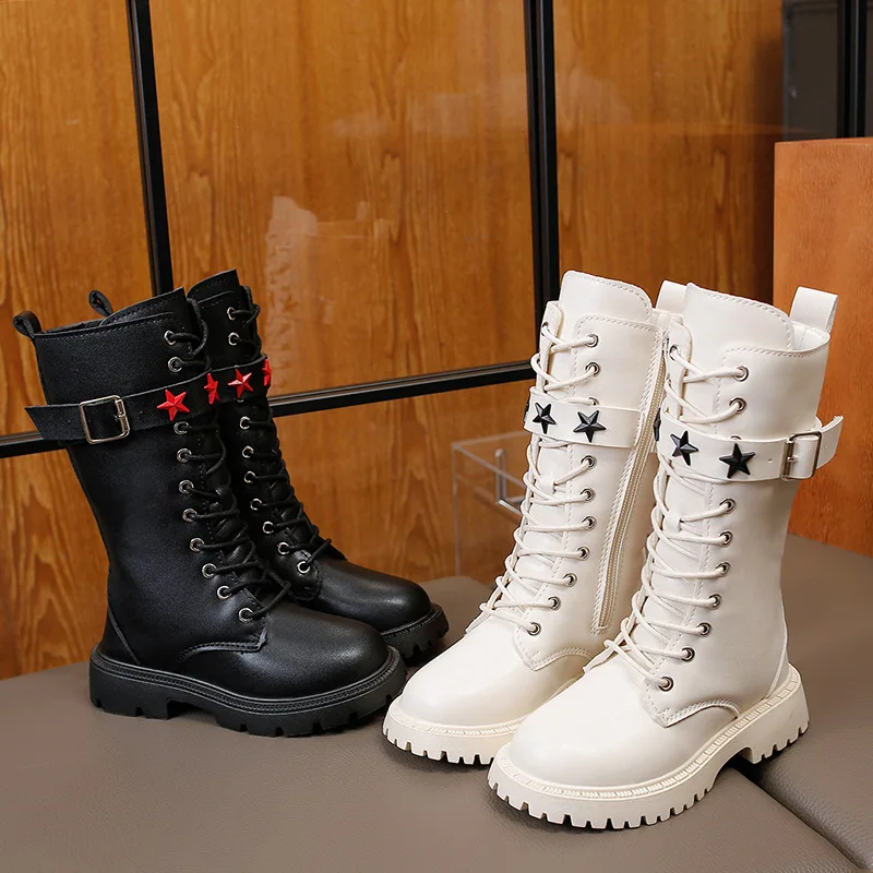 Kids'Boots Solid Color PU Leather Star Buckle Fashion Autumn Shoes For Children Anti-slip Warm Black White Shoes Size 27-37