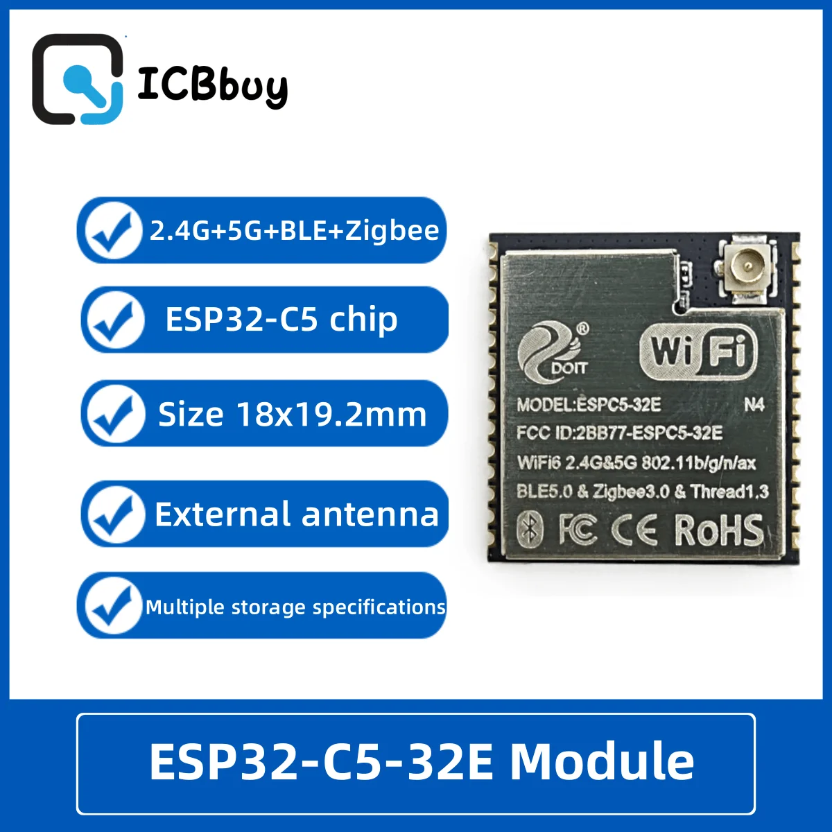 ESP32-C5 ESPC5-32E Module WiFi 6 2.4G+5G+BLE Compatible with C5-1U Module